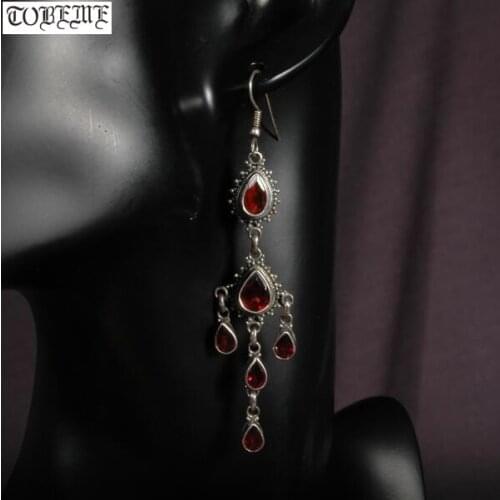 Old Handmade Nepal 925 Silver Garnet Earrings 925 Sterling Bohemia Women Earrings Ethnic Tribal Dangle Earrings