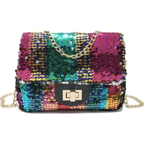 Women Bags Fashion Shiny Discoloration Sequins Cross Body Chain Messenger Bag Girl Shoulder Bags Female Bag Contrast Color