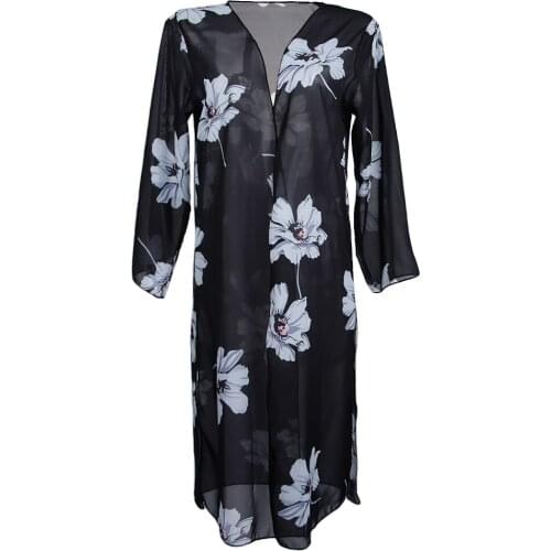 Womens Floral Printed Long Chiffon Cardigan Kimono Sleeves Bikini Cover Up Black