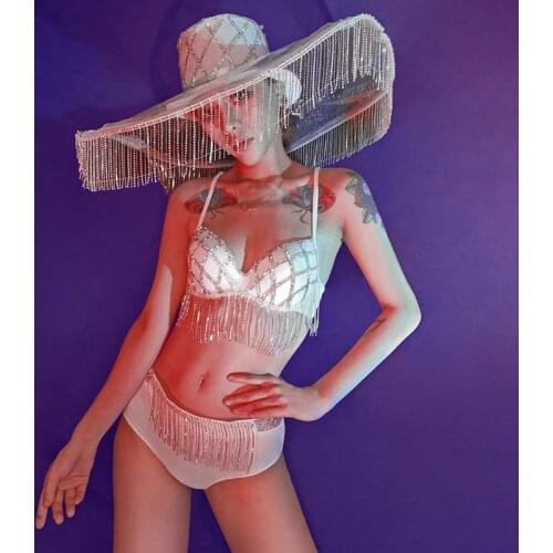 Sexy Drag Queen Costume Nightclub GOGO Dance Costume Women DJ Bikini Set Rave Hats DS Performance Clothes Stage Outfit BL4505