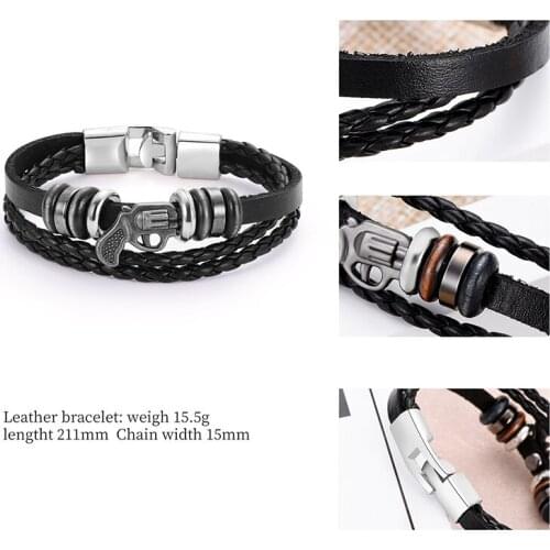 2019 Fashion Black Multi-storey Gun Leather Bracelet Men High Quality Hand Weave PU Metal Bracelet Bangles Jewelry