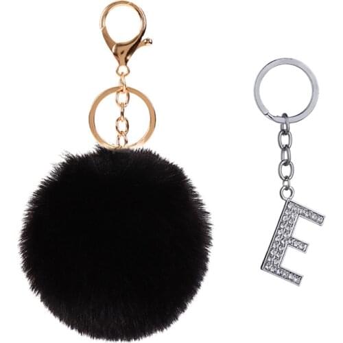 2020 New Keyring Fluffy Black Pompom Faux Rabbit Fur Ball Keychains Crystal Letters Key Chain Key Holder Jewelry Bag Accessories