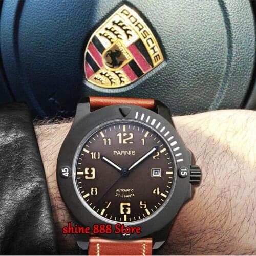 44mm Parnis Mens Mechanical Watches Military Watch Men Automatic Wrist Watch Sapphire Auto Date Brown Genuine Leather Watchband