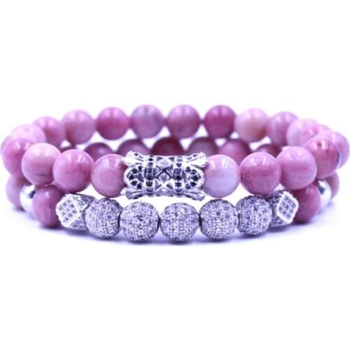 8mm 2PCS/Set tyh325 elastic adjusted nature Rhodochrosite micro pave cz zircon cubic zirconia tube Bracelet Jewelry
