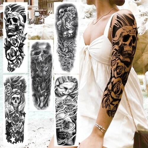 Black Realistic Skull Temporary Full Arm Tattoo Sticker Waterproof Rose Flower Tatoos For Men Women Body Leg Art Fake Tattoos 3D