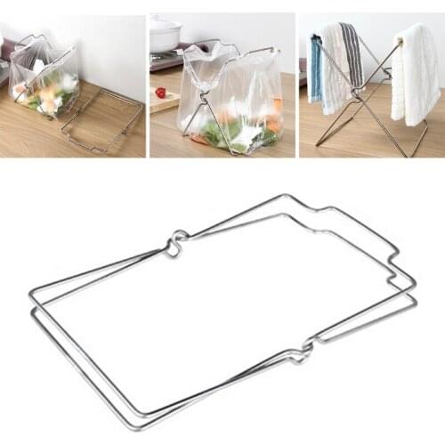 Stainless Steel Garbage Bag Shelf Home Kitchen Countertop Folding Trash Bag Holder Organizer Dishcloth Towel Rack Support Stand
