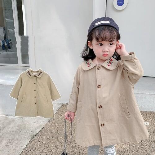 Childrens Embroidered Lapel Loose Windbreaker 2021 Autumn New Girls Fashion Mid-Length Casual Windbreaker Jacket