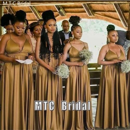 Long Champagne Satin African Bridesmaid Dresses Wholesale Spaghetti Straps A Line Sexy Maid Of Honor Wedding Party Dress Cheap
