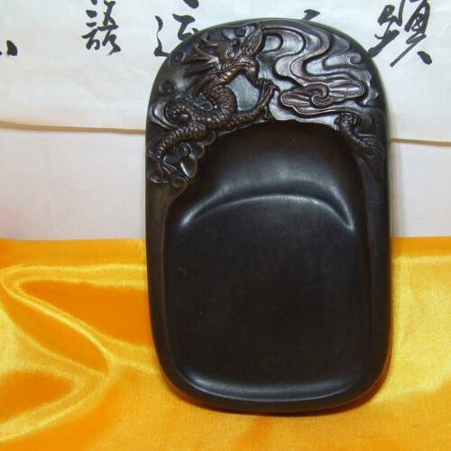 Chinese Old Wa Shi Stone Inkstone With Exquisite Carving Dragon Zodiac Animal Statue Study Decoration