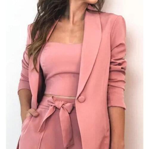 3Pcs/Set Women Suit Blazer Office Lady Outfit Pockets Solid Color Summer Coat Shorts Vest Set Loose Jacket Business Dress Suit