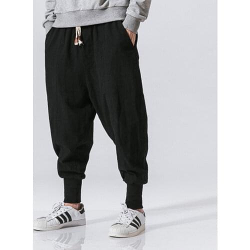 Mens Harem Pants Cotton Japanese Male Casual Trousers Linen Man Joggers Pants Black Grey Fashion Baggy Pants