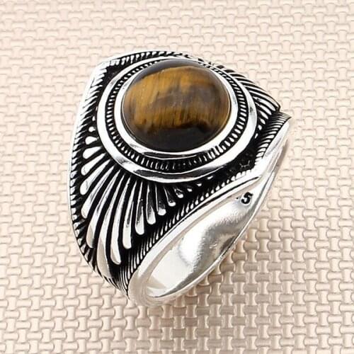 Dished Oval Brown Tiger Eye Mini Stone Silver Ring Men Silver Ring With Symmetric Motif Made in Turkey Solid 925 Sterling Silver