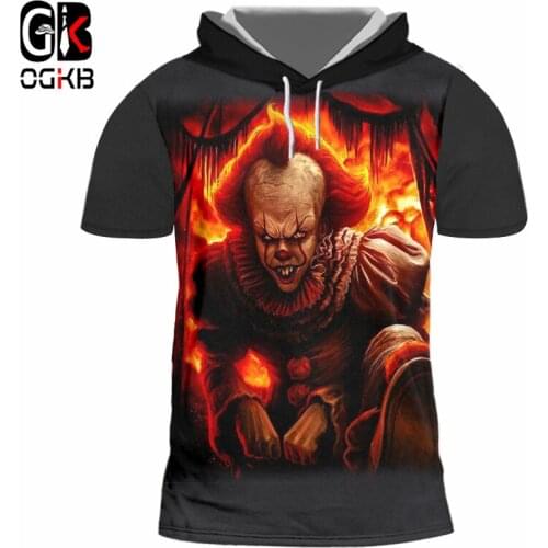 OGKB Summer Hoodies T-shirt Mens Cool Print Flame Joker 3D Hooded T Shirt Male Hiphop Short Sleeve Hoody Fashion Outwears Coat