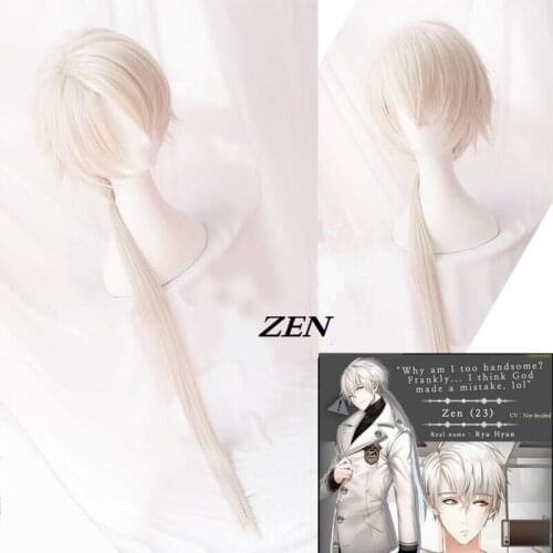 Mystic Messenger Cosplay Wigs Zen Wig Heat Resistant Synthetic Hair Silver Long Ponytail Cosplay Wig + Wig Cap