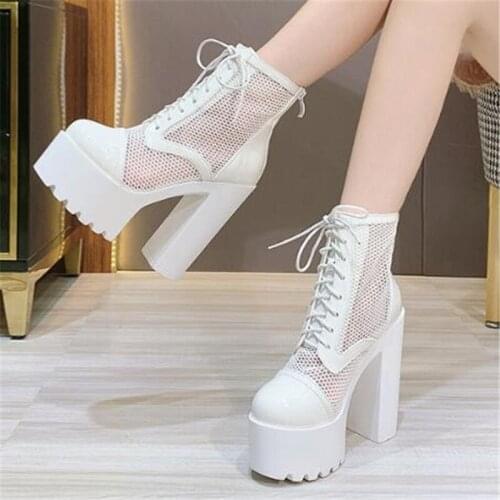 14CM Thick High High Heels Women Sandals Waterproof Female Platform Summer Mesh Lace Up Round Toe Party shoes for women white