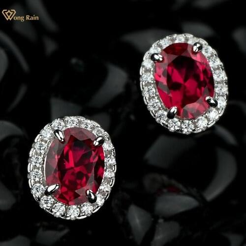 Wong Rain Vintage 925 Sterling Silver Oval Cut Ruby Created Moissanite Gemstone Engagement Party Studs Earrings Fine Jewelry