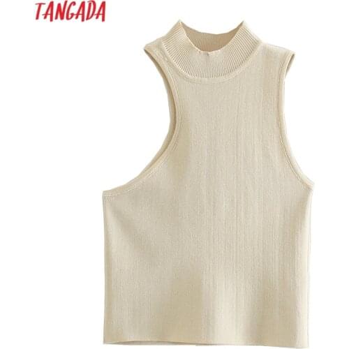 Tangada 2021 Summer Women Sexy Beige Asymmetry Tank Top Sleeveless Female Knit Tops QJ147