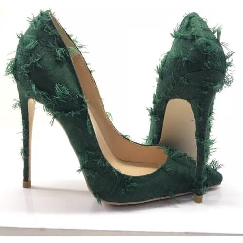 Fringed High Heels Female Stiletto Green Denim Pointed-toe Single Shoes Women Sexy Personality Pumps 12cm Party Wedding Shoe