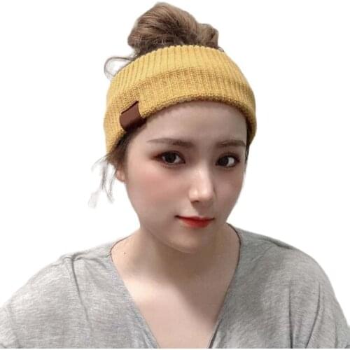 XEONGKVI Korean INS Online Celebrity Pure Color Skullies Beanies Autumn Winter Knitted Hats For Women Horsetail Hair Band