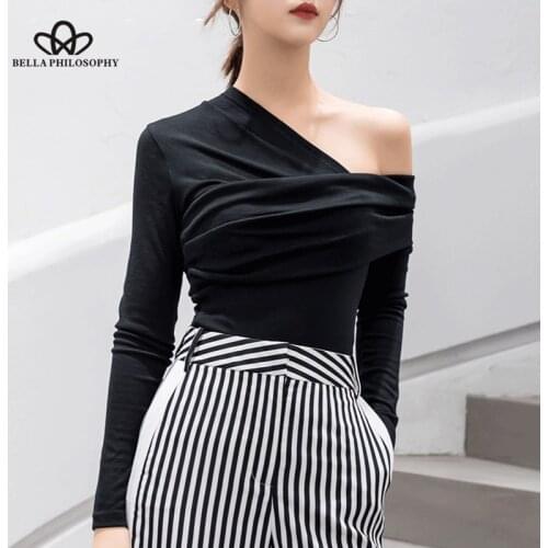 Bella Philosophy Sexy Off Shoulder Asymmetric Women shirts Tops Female Slim Long Sleeve Fashion Black shirt Autumn 2018