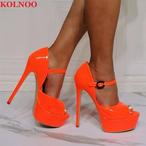 KOLNOO Handmade New Real Pictures Womens High Heeled Sandals Sexy Patent Leather Mary Janes Peep-toe Evening Fashion Club Shoes