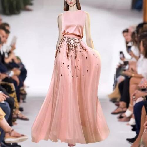 2021 Summer Fashion Designer Skirt Set Runway New Women Sleeveless Top+High Waist Pink Embroidery Skirt Two Pieces Set