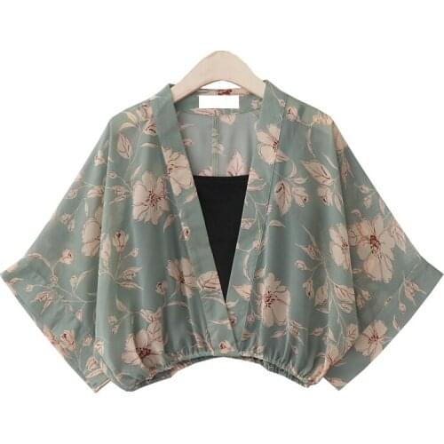 Japanese Style Gentle V-Neck Floral Printing Chiffon Thin Soft Loose Sleeve Kimono Tops Summer New Elegant Ladies Bat Shirt 2Pcs