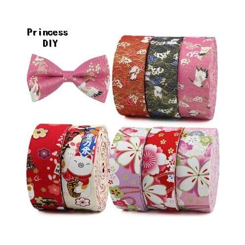 5Meter/Lot 10 25 50mm Red-crowned Crane Flower Printed Red Cotton Ribbon Folded Cotton Tape DIY Hair BowTie Collar Craft Materia