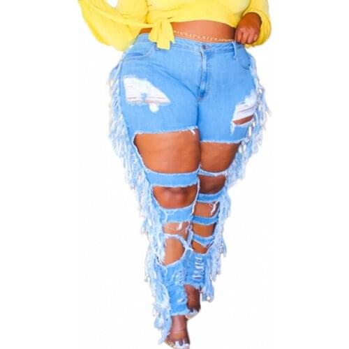 5XL Plus Size Women Jeans High Waist Ripped Hole Hollow Out Trousers 2021 Fashion New Solid Tassel Splice Moto Sexy Denim Pants