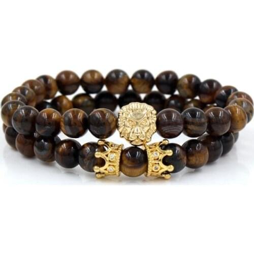 8mm 2PCS/Lot sdt42 elastic adjusted nature stone agate Onyx black volcanic lava white Howlite lion Crown Bracelet Bangles