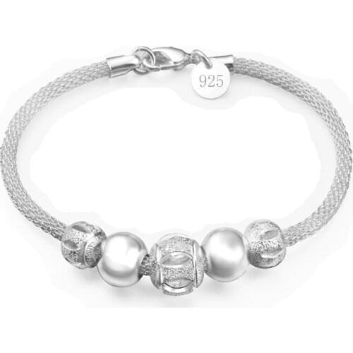 Charm Bracelets Female Unisex Top Silver Chain with Some Smooth Beads Bangle S925 Stamp Arm Hand Jewelry Pulsera Never Fade S190