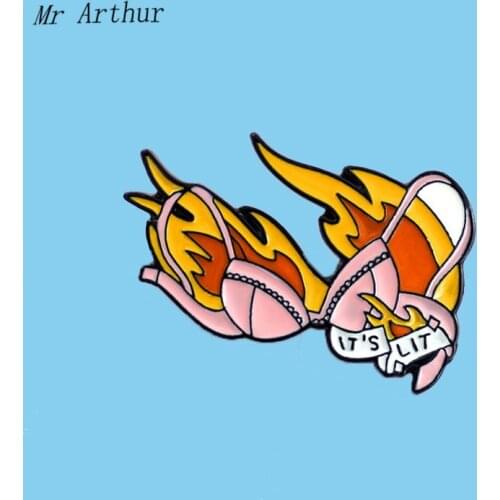 Female Bra Enamel Pin Pink Bra Fire ITS LIT Badge Brooch Backpack Clothes Lapel Pin Underwear Jewelry Gift for Girls Women