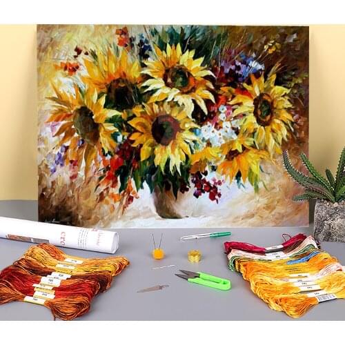 Bouquet Sunflowers Printed Fabric 11CT Cross Stitch Set DIY Embroidery DMC Threads Sewing Handicraft Needlework Hobby Package