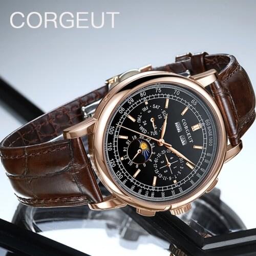 CORGEUT Multifunction Mechanical Men Watch Seagull Movement Waterproof Calendar Sports Watch Luminous Leather Watch Мужские часы