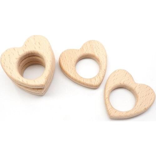 Chenkai 10pcs Wood Heart Teether Ring DIY Organic Eco-friendly Unfinished Nature Baby Rattle Teething Grasping Cartoon Toy