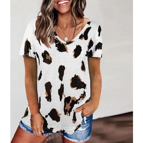 Fashion Women T-shirt Summer Leopard V Neck Cotton Blend Short Sleeve Loose Tee Tops for Femme
