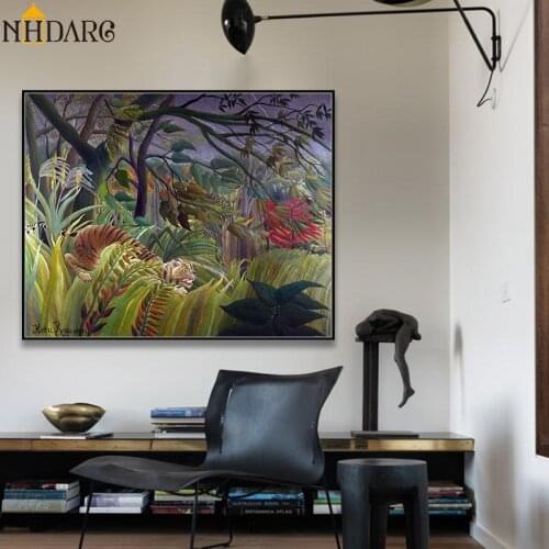 Surrealist Artist Henri Rousseau Canvas Print Painting Art Tropical rain forest landscape Bird and Plant Wall Picture Home Decor