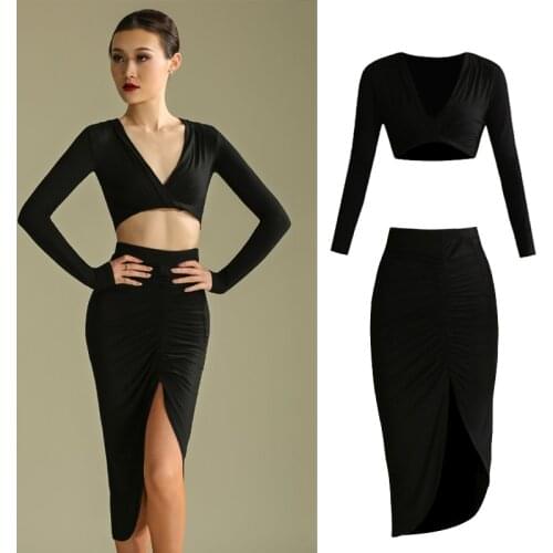 New Latin Dance Clothes For Women Long Sleeve Tops Black Skirts Sexy V Neck Slit Salsa Dance Costume Practice Dress Suit Adult