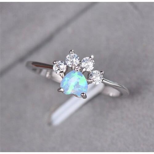 Fashion Crystal Cat Paw Dog Claw Ring Cute Female Blue White Heart Opal Ring Dainty Silver Color Thin Engagement Rings For Women