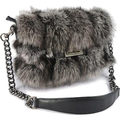 Zero Fish Fashion Real Fox Fur Shoulder Bags for Women Genuine Cowhide Handle Big Handbags B227-2