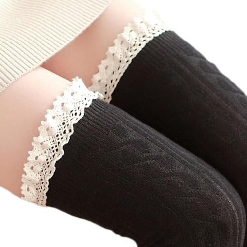 Iurstar Fashion Slim Stocking Women Warmer Twist Full Cotton Knee Socks Jacquard High Lace Splicing Socks Tube Socks Knee Socks