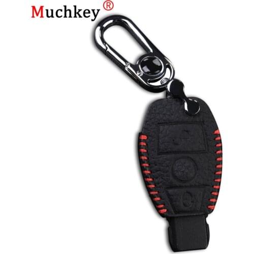 Muchkey Leather Remote Case Car Key Bag Cover with Keychain for BENZ 3 Buttons Smart Key Luxury Genuine Hand Sew 1PC