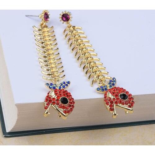 2021 New Shiny Colorful Rhinestone Long Fish & Bone Charms Drop Dangle Earrings Women Luxury Personality Earrings Party Jewelry