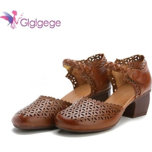 Glglgege Brand Shoes Woman Sandals 2020 New Fashion Hollow Hole Shoes Womens Shoes Sandals Thick with Genuine Leather Sandals