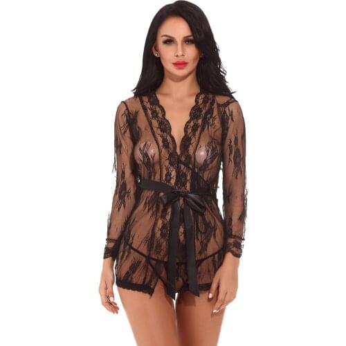 Sexy Lace Women Sleepwear Gray Bandage Night Dress Night Set Sexy Lounge Set See Through Lace Blouse Belt Sleepwear Set 2020