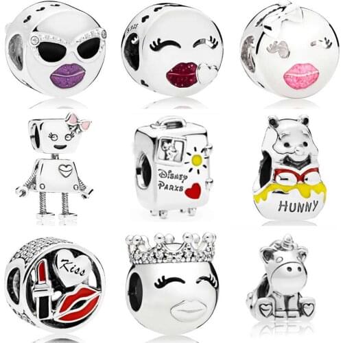 QANDOCCI Bella Bot Stay Cool Playful Wink Princess Emoticon Glamour Kiss Charms Fit Pandora Bracelet 925 Sterling Silver Jewelry