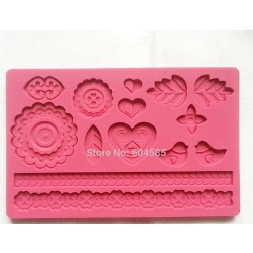 Bird Romance theme LACE SILICONE MOULD, sugar paste icing mold, include birds hearts leaves flowers borders and Lace