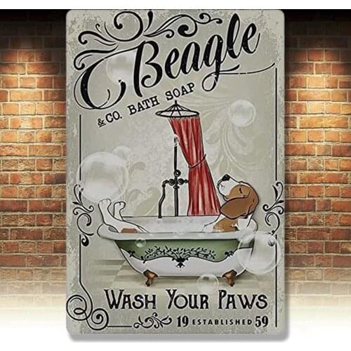 Dog Metal Tin Sign Beagle Co. Bath Soap Wash Your Paws Poster Toilet Bathroom Art Wall Decoration 8x12