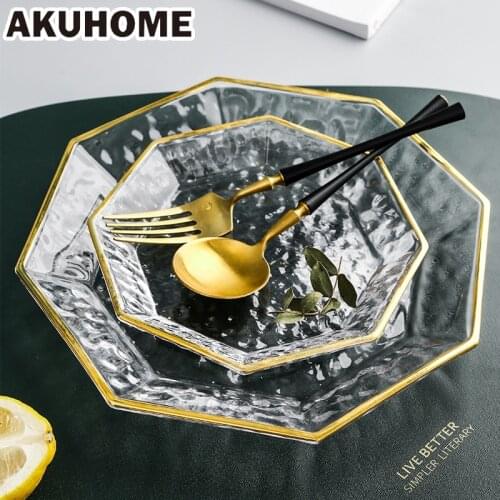Glass Plate Dishes Creative Transparent Glass Plate with Gold Rimmed European Fruit Dessert Salad Plate Household Tableware