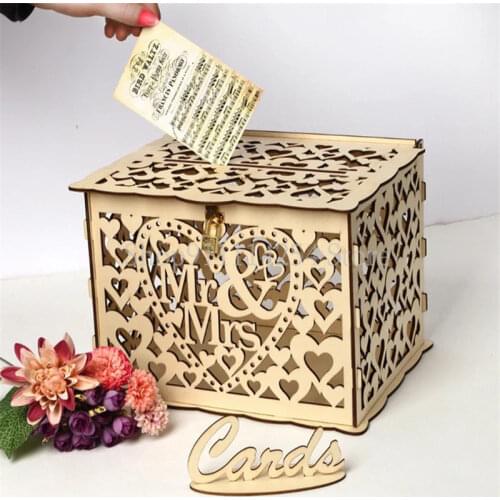 Wedding Card Money Boxes Rustic Wooden Invitation Card DIY Box with Lock for Wedding Decoration Birthday Party Supplies Mr&Mrs